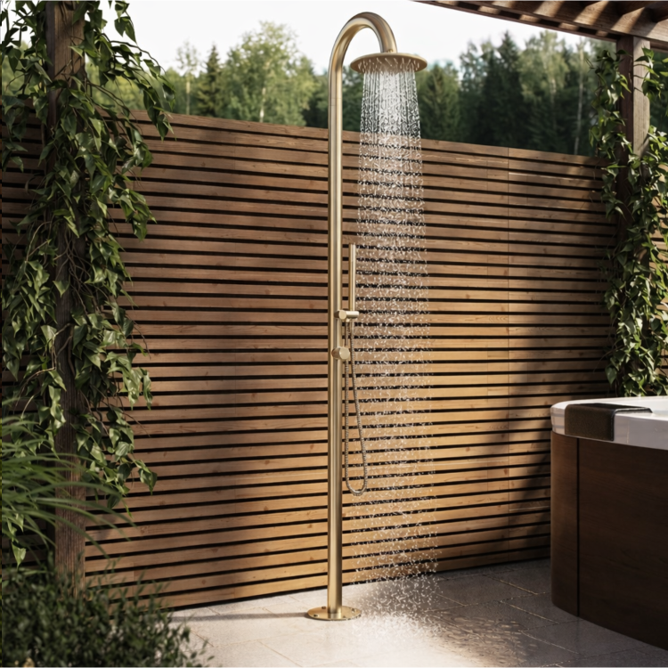 Brushed Brass Outdoor Shower with Pencil Hand Shower 2 Outlets - Fiji