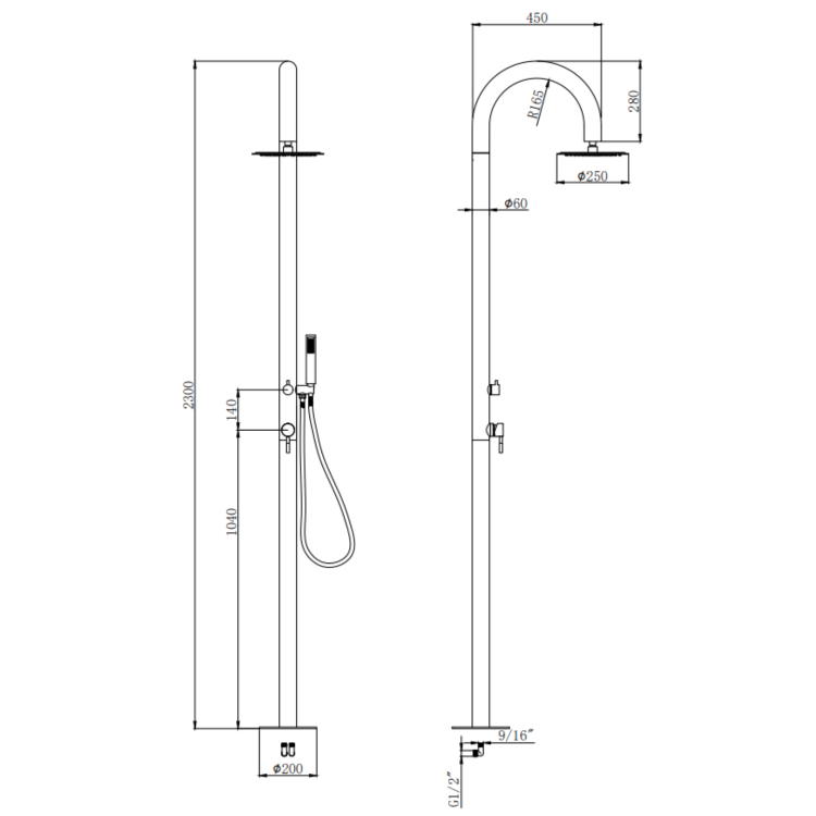Brushed Brass Outdoor Shower with Pencil Hand Shower 2 Outlets - Fiji