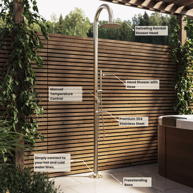 Brushed Brass Outdoor Shower with Pencil Hand Shower 2 Outlets - Fiji