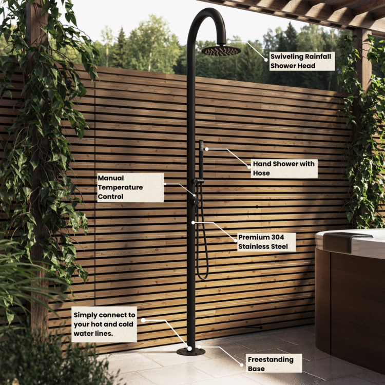 Black Thermostatic Outdoor Shower with Pencil Hand Shower 2 Outlets - Fiji