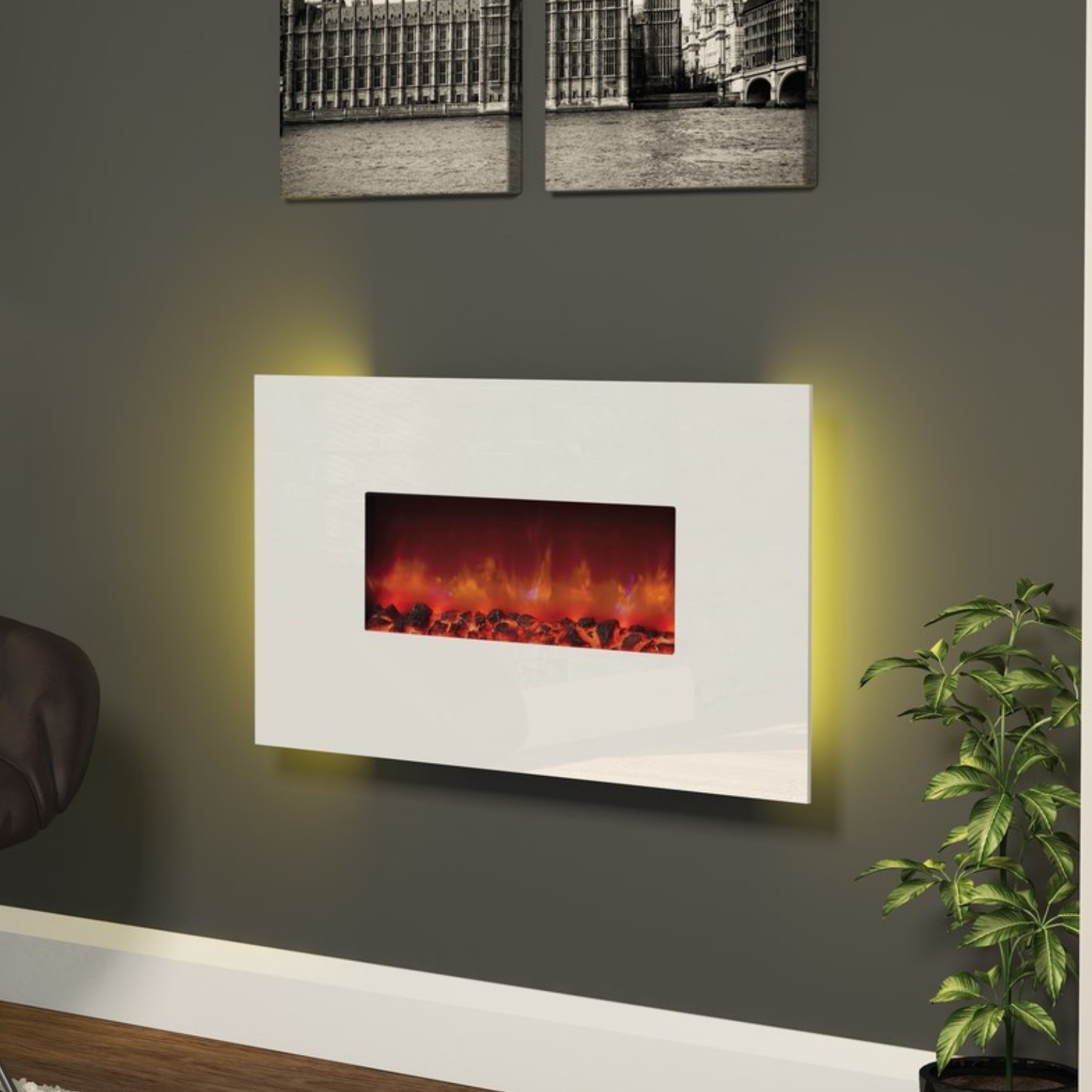 Bemodern Cortona Wall Mount Electric Fireplace With White Glass