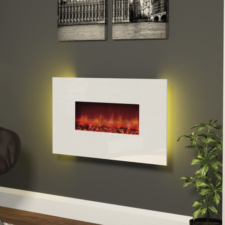 BeModern Cortona Wall Mount Electric Fireplace with White Glass Front  