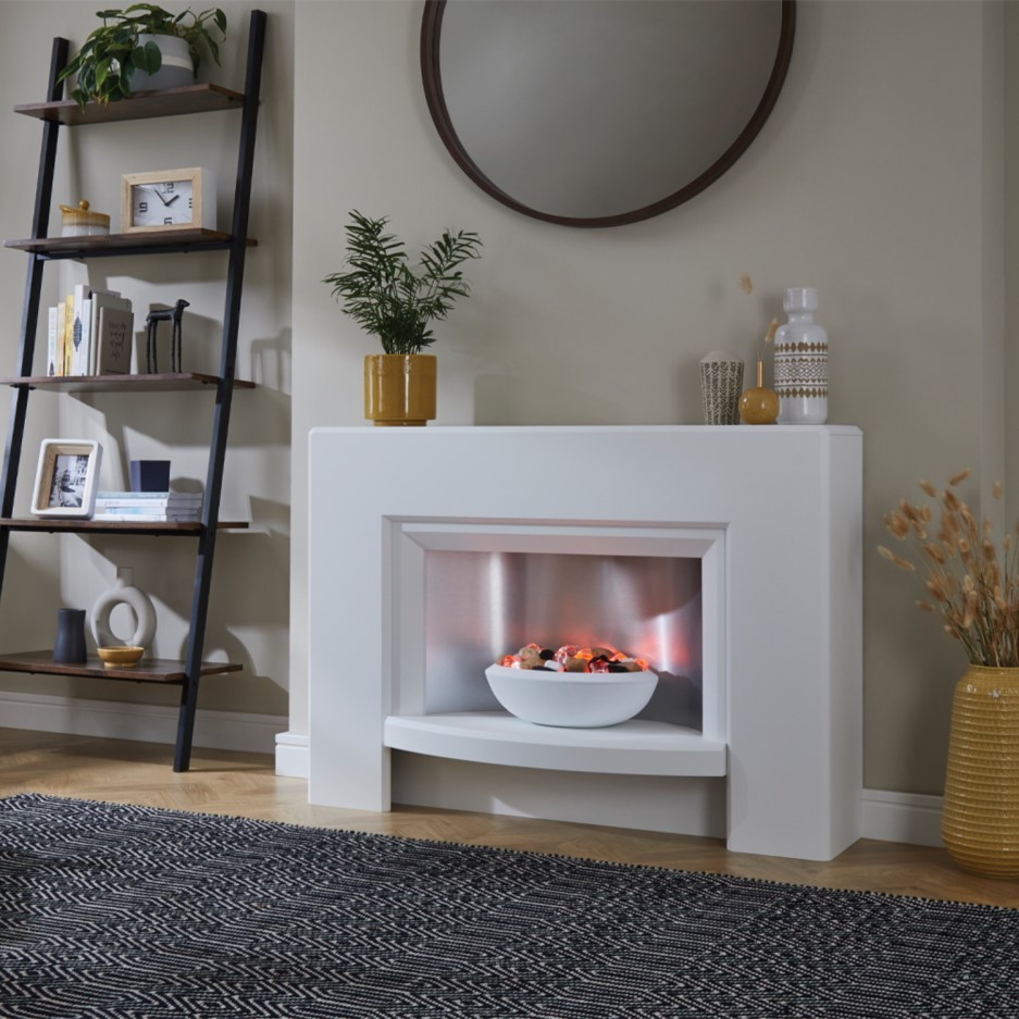 Suncrest Stockeld White Electric Fireplace Suite with Glowing Pebble