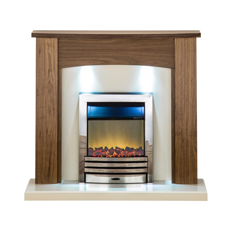 Adam Stanford Fireplace Suite in Walnut with Eclipse Electric Fire in Chrome and Downlights