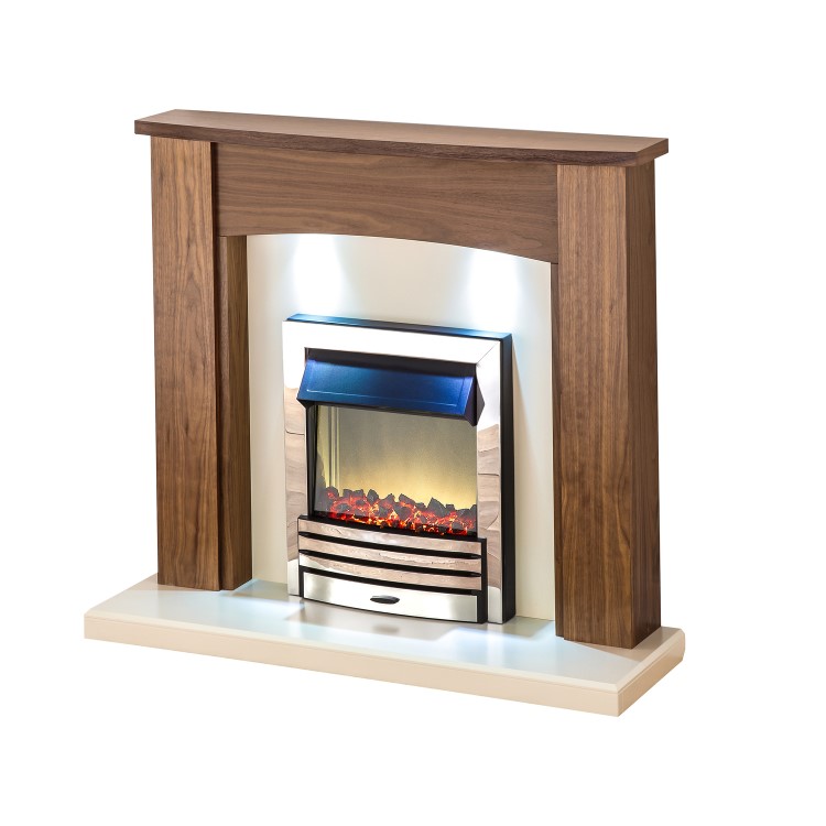 Adam Stanford Fireplace Suite in Walnut with Eclipse Electric Fire in Chrome and Downlights