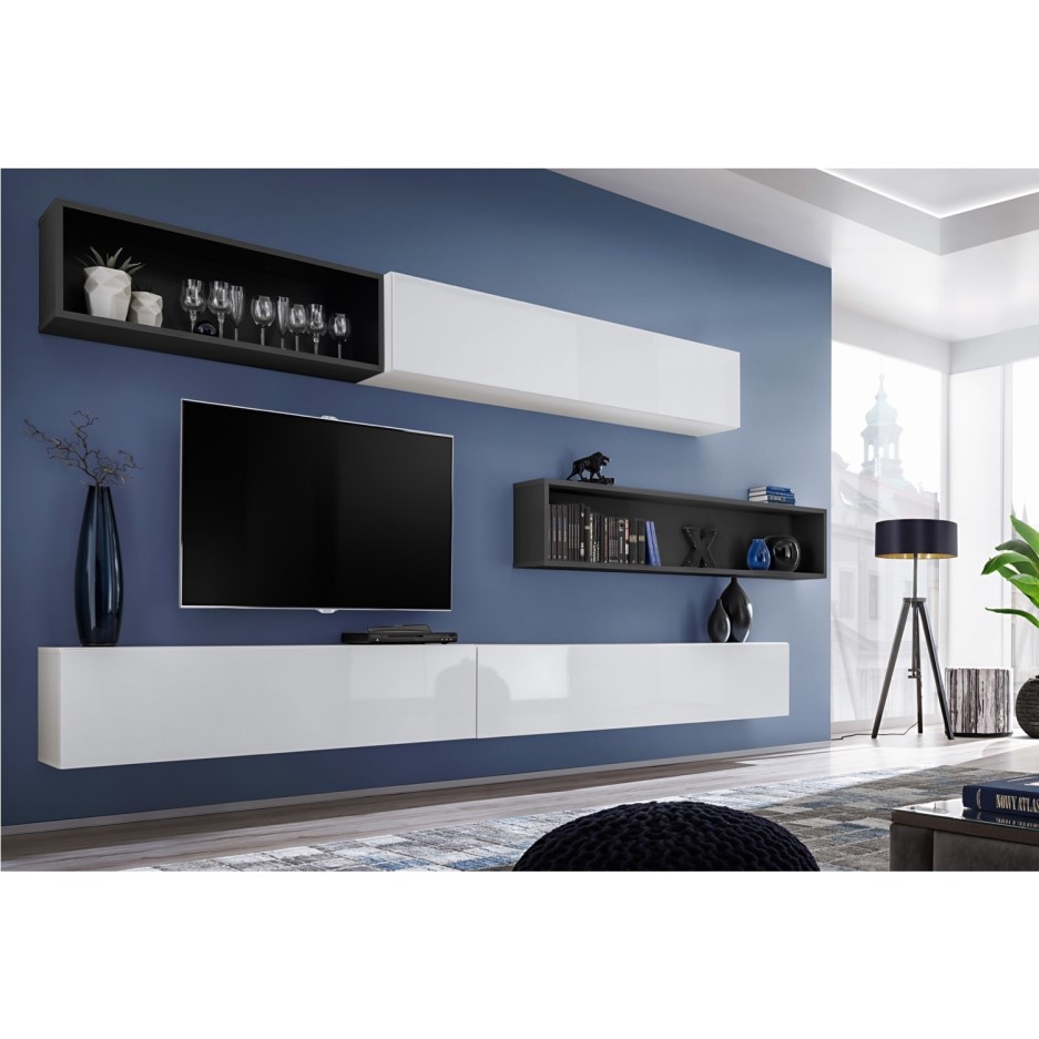 Extra Large Wall Mounted Entertainment Unit in White Gloss & Grey TV's