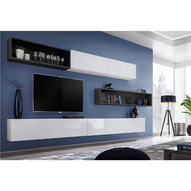 Extra Large Wall Mounted Entertainment Unit in White Gloss & Grey- TV's up to 73" - Neo