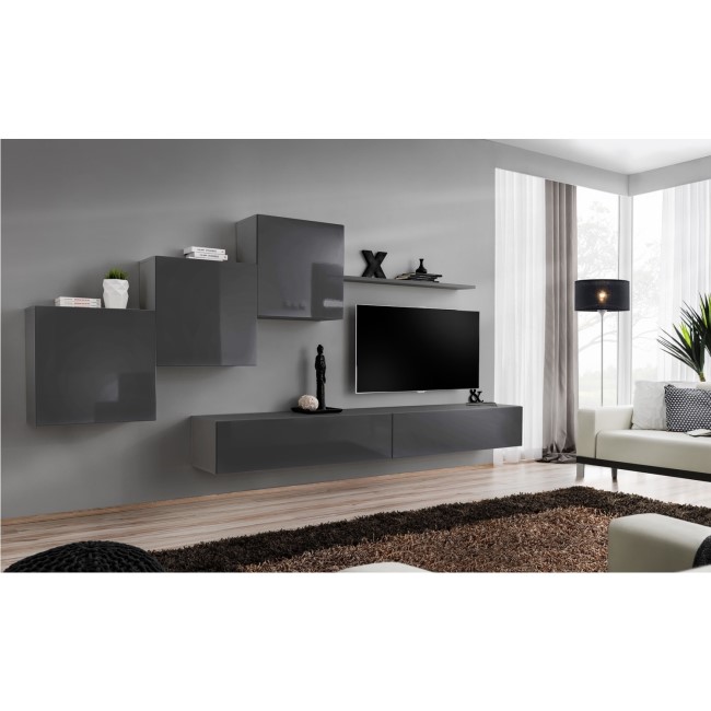 Wall Mounted Grey Gloss TV Unit & Cupboards - TV's up to 55" - Neo