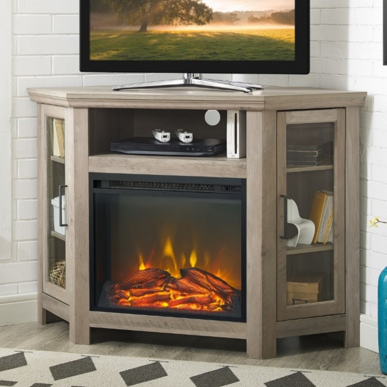 Foster Limewash Wood Corner TV Unit with Electric Fire Insert & Storage Cupboards - TV's up to 56