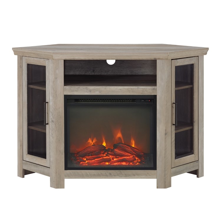 Foster Limewash Wood Corner TV Unit with Electric Fire Insert & Storage Cupboards - TV's up to 56"