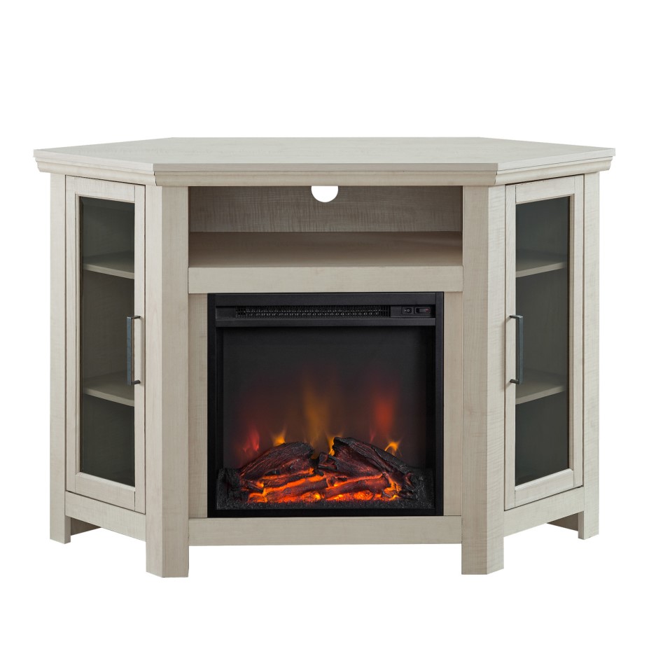 Corner Wooden TV Unit with Electric Fire Insert & Cupboards FOL100822