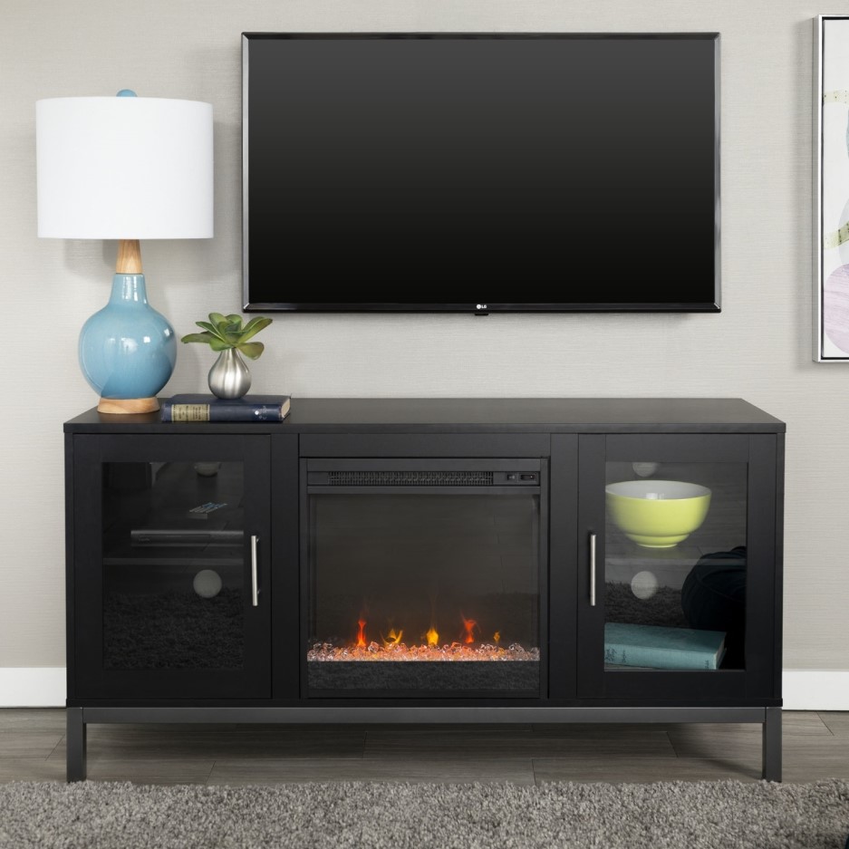 Black Painted Wood Effect TV Unit with Electric Fire & Storage TV's