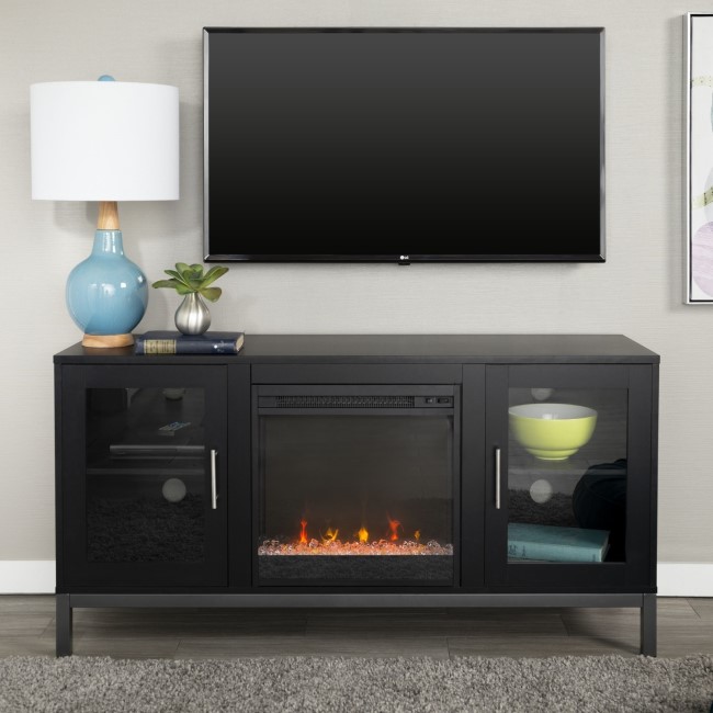 Black Painted Wood Effect TV Unit with Electric Fire & Storage - TV's up to 55" - Foster