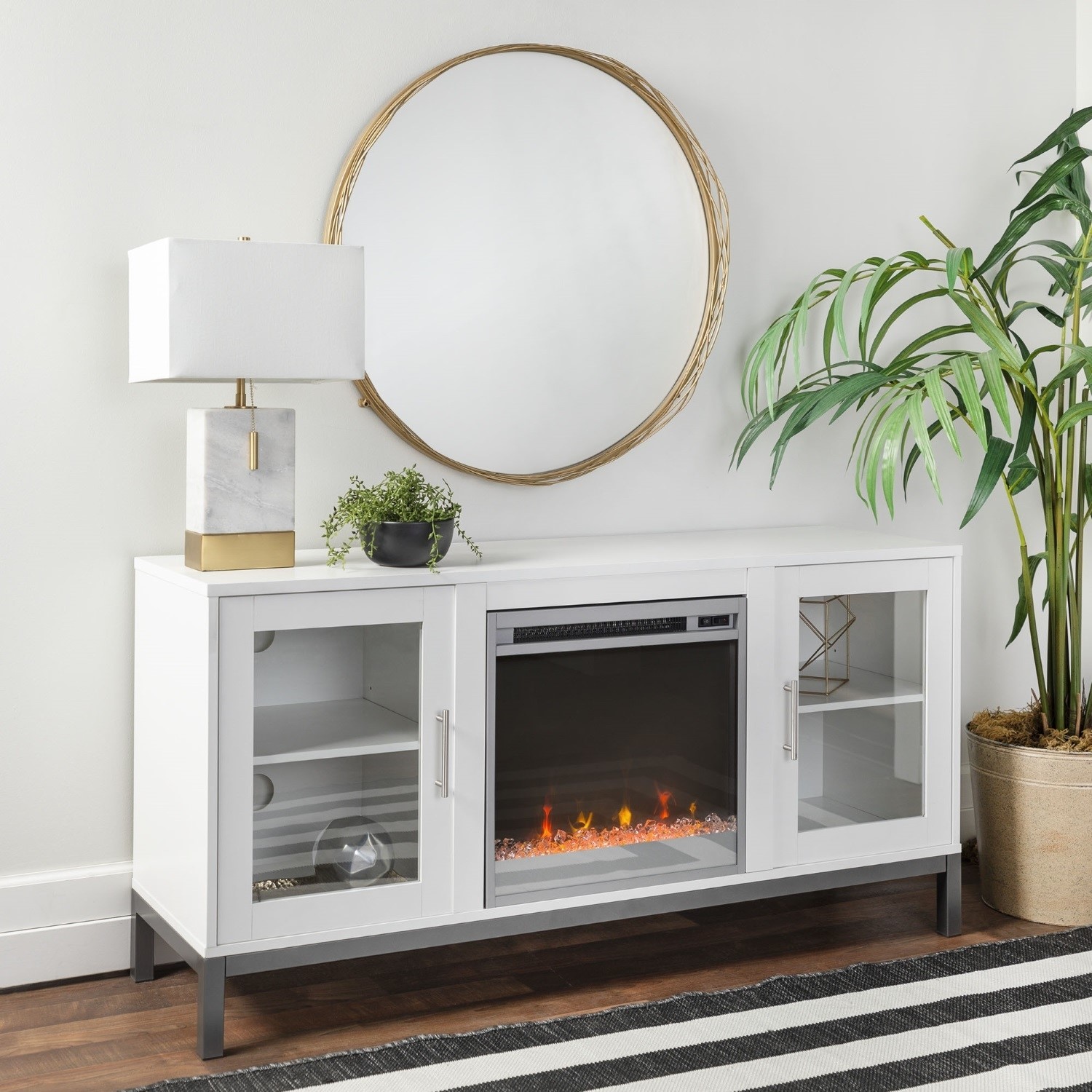 Large White TV Unit with Electric Fire & Storage - Foster - TV's up to 55