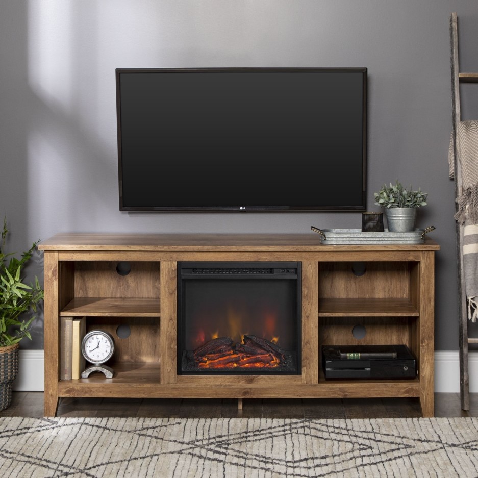 Foster Brown Wood Effect TV Unit with Electric Fire & Storage TV's up