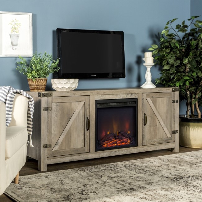 Foster Grey Wood Effect TV Unit with Electric Fire & Storage Cupboards - TV's up to 60"