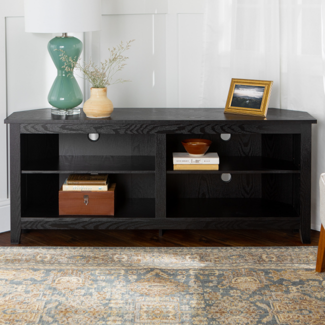 Black Wood Effect Corner TV Unit with 4 Open Shelves - Foster - TV's up to 60"