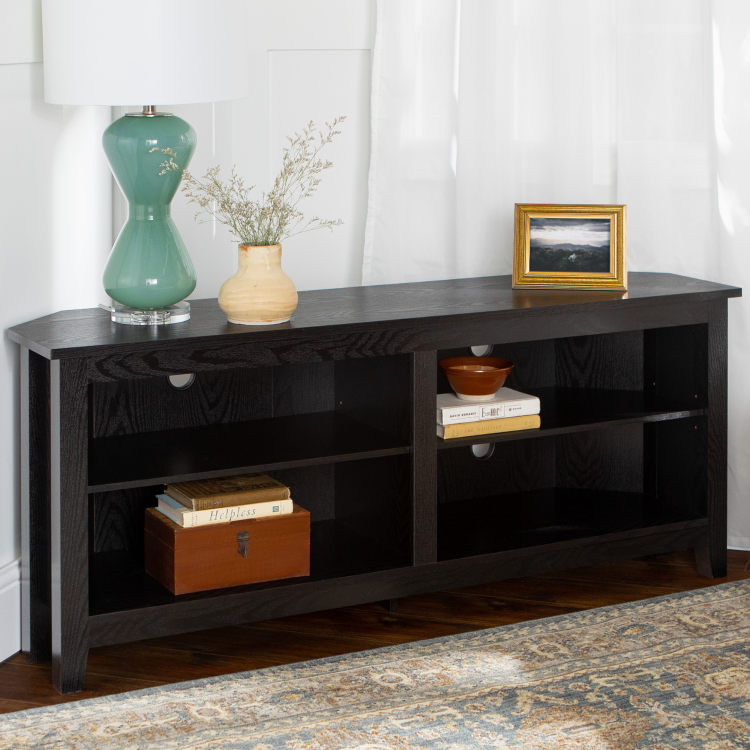 Black Wood Effect Corner TV Unit with 4 Open Shelves - Foster - TV's up to 60"