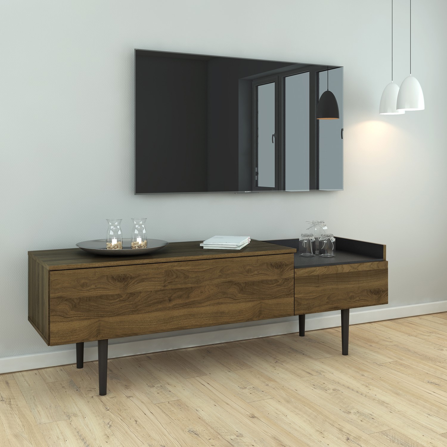 Unit TV Stand with 2 Drawers in Walnut and Black FOL101285