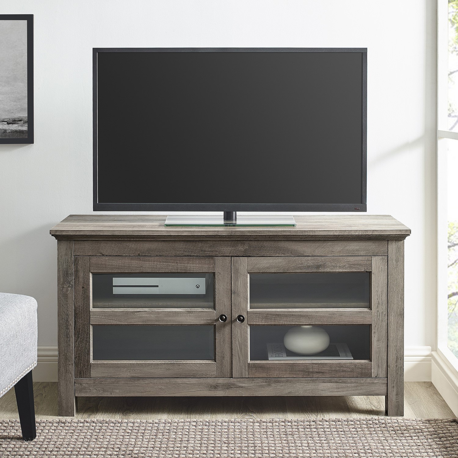 Grey Wood Wash TV Unit with Cupboards - TVs up to 48 - Foster