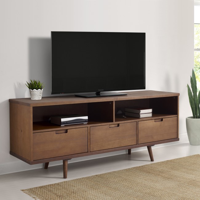 Dark Solid Pine TV Unit with Open Shelves & Storage - TVs up to 64" - Foster