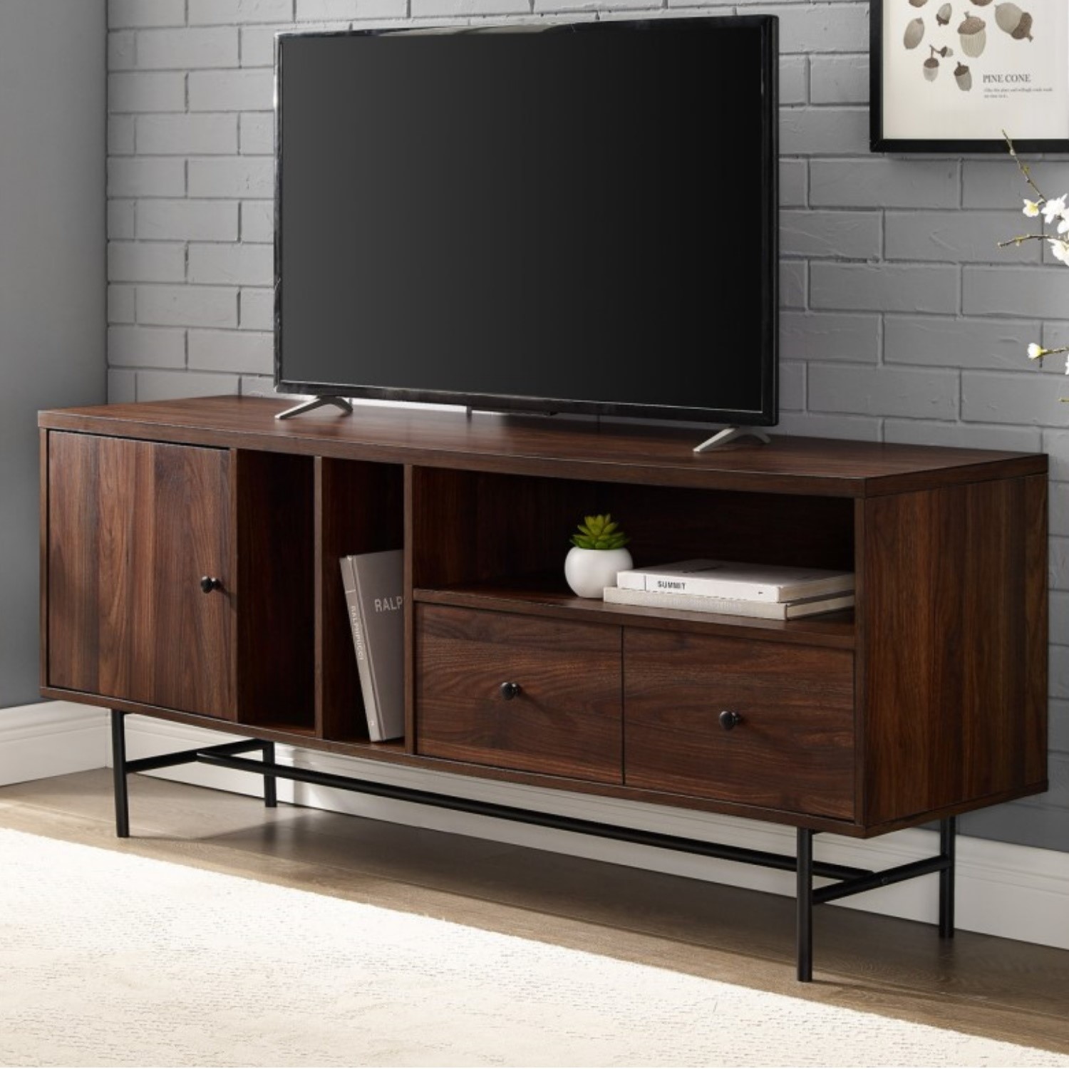 Dark Wood TV Unit with Black Metal - TVs up to 66 - Foster