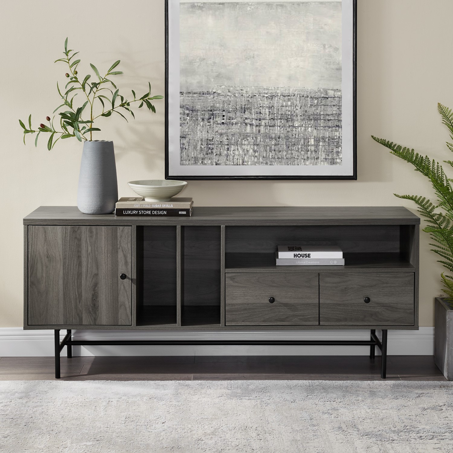 Grey Wash & Black TV Unit with Storage - TVs up to 66 - Foster