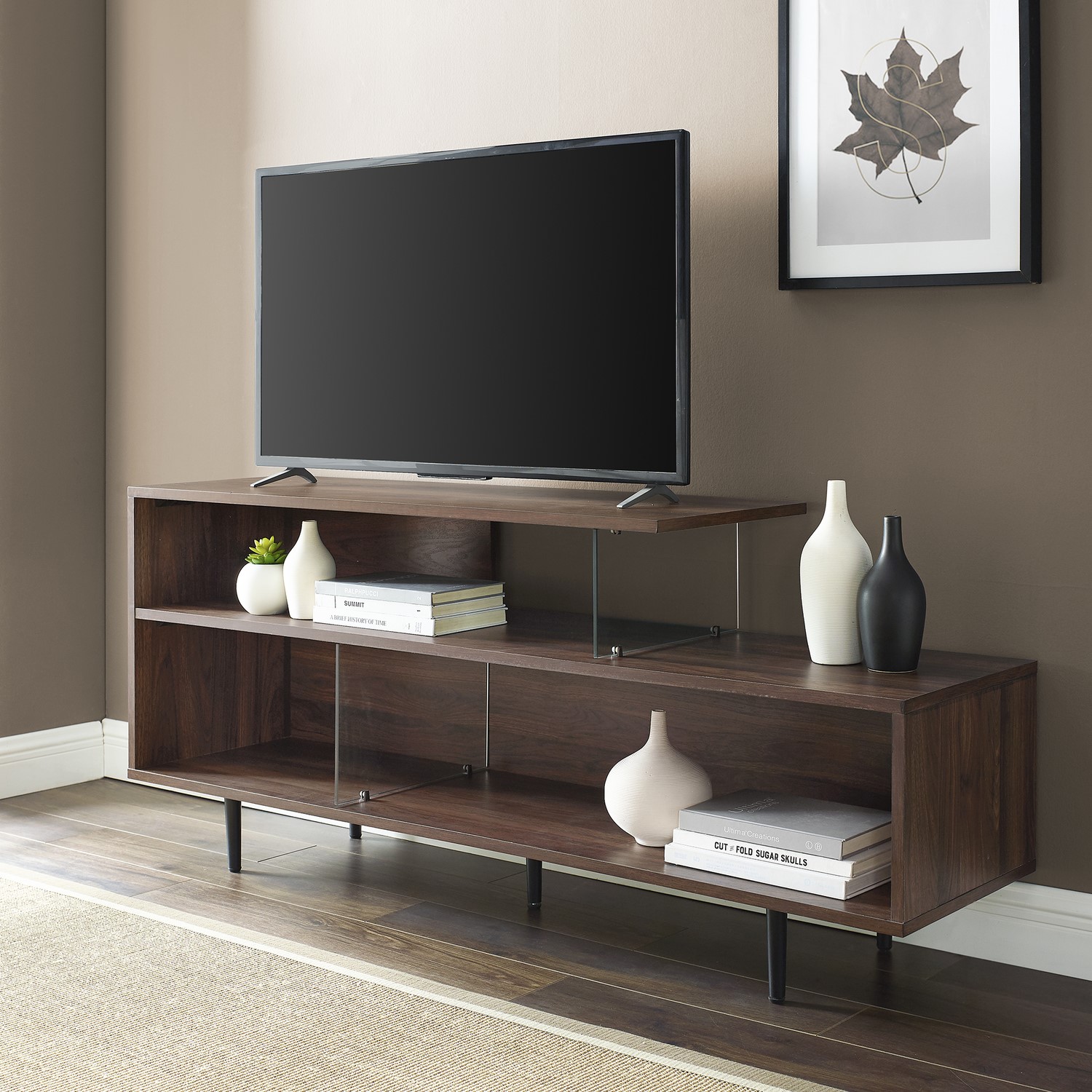 Walnut Effect Open TV Stand with Glass Panels - TVs up to 66 - Foster