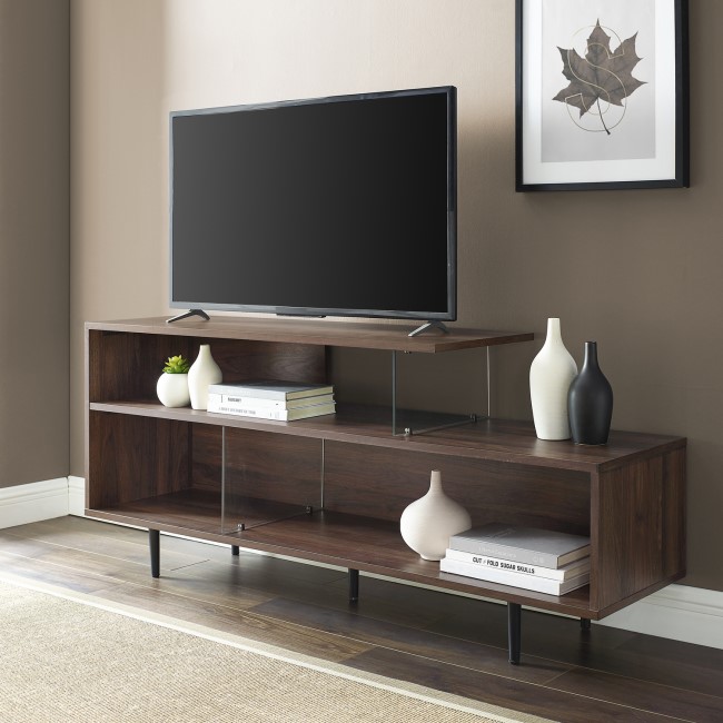 Walnut Effect Open TV Stand with Glass Panels - TVs up to 66" - Foster