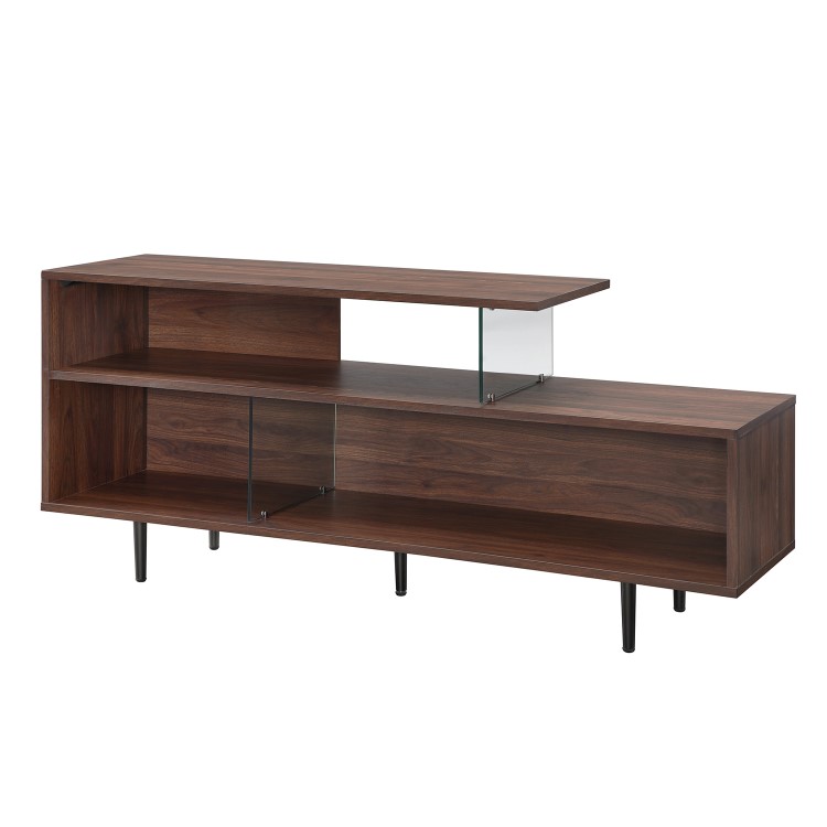 Walnut Effect Open TV Stand with Glass Panels - TVs up to 66" - Foster