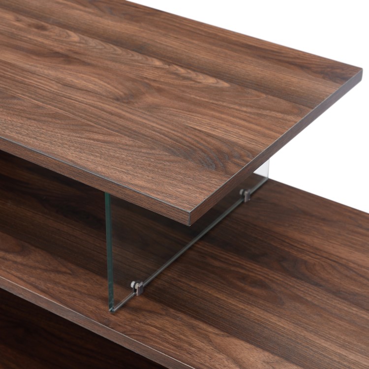 Walnut Effect Open TV Stand with Glass Panels - TVs up to 66" - Foster