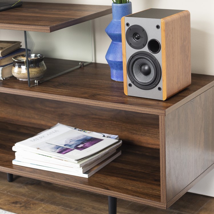 Walnut Effect Open TV Stand with Glass Panels - TVs up to 66" - Foster
