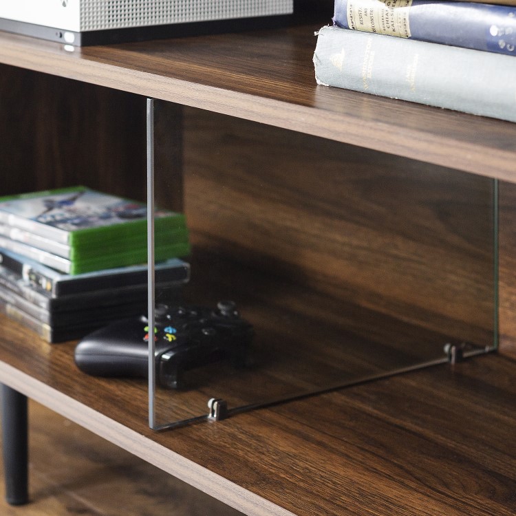 Walnut Effect Open TV Stand with Glass Panels - TVs up to 66" - Foster