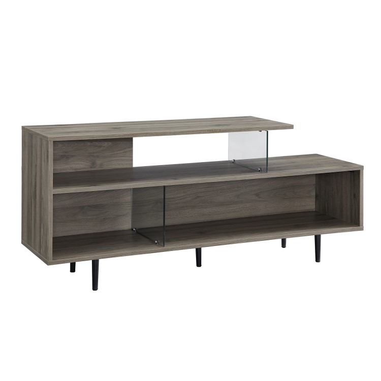 Grey Wash TV Stand with Open Shelves & Glass Panels - TVs up to 60" - Foster