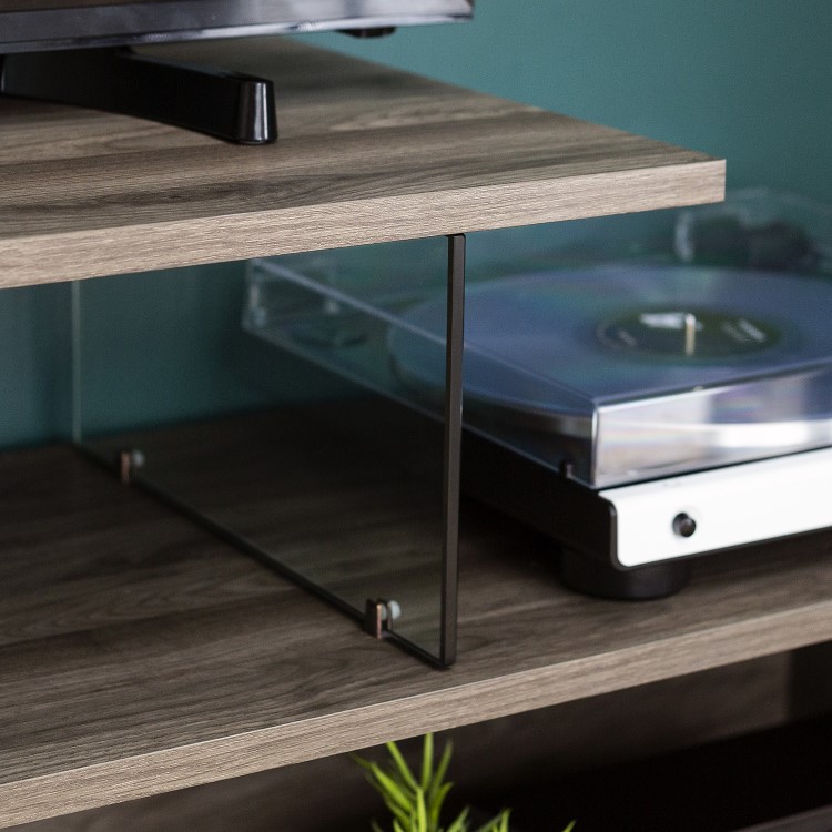 Grey Wash TV Stand with Open Shelves & Glass Panels - TVs up to 60" - Foster