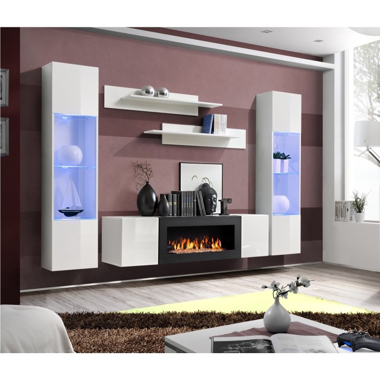 White Wall Mounted Bioethanol Fireplace & LED Lighting - Neo