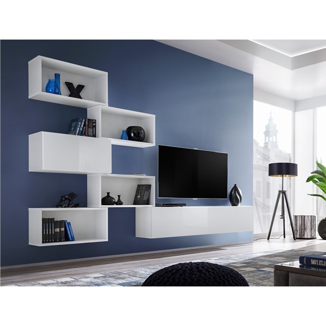 White High Gloss Floating TV Unit with Open Shelves Included- Neo