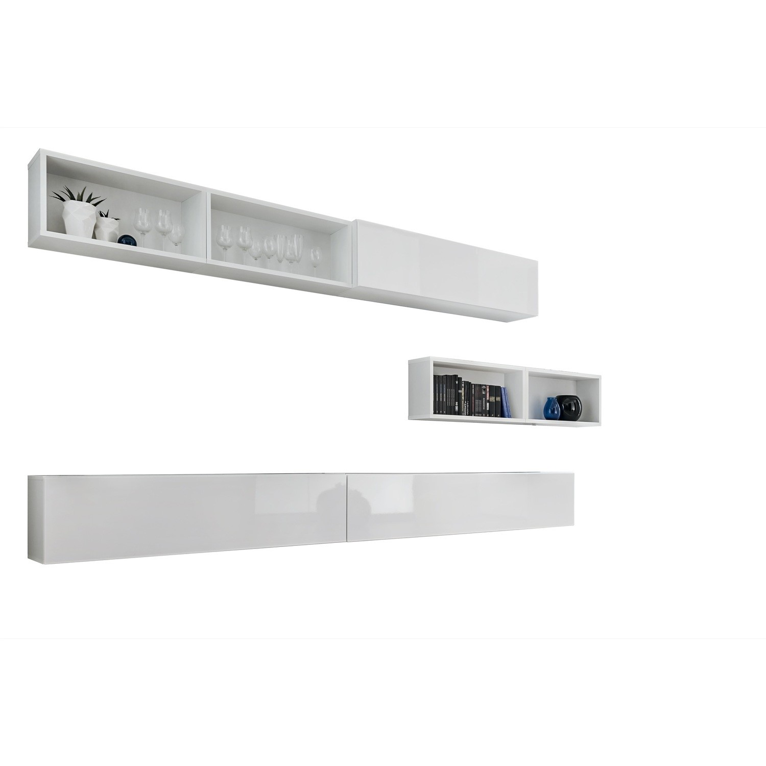 White High Gloss Floating TV Unit with Top Open Shelves Neo FOL102134