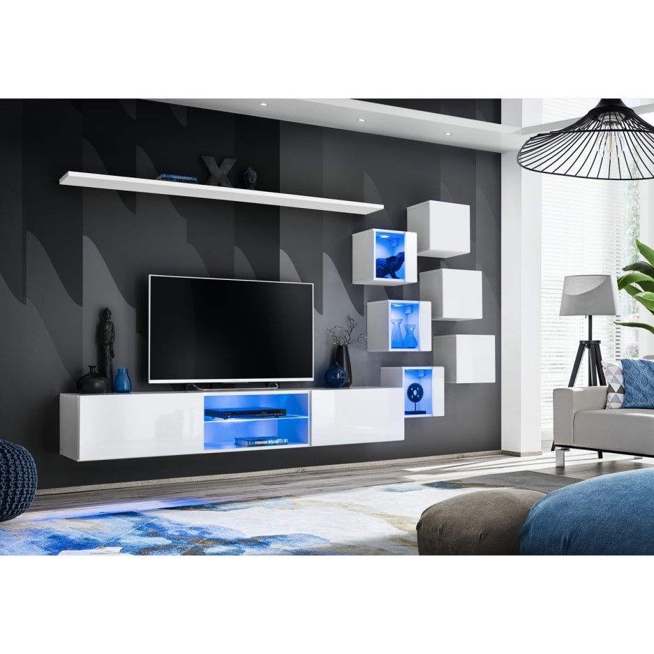 White Floating TV Unit with LED Lighting & Open Shelves Neo FOL102160
