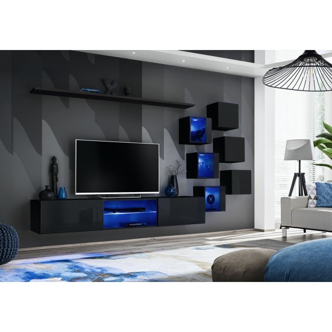 Black Floating TV Unit with LED Lighting & Open Shelves - Neo