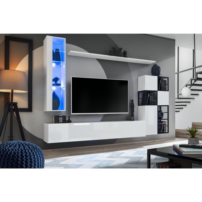 White Floating TV Unit with LED Lighting & Wall Shelves - Neo