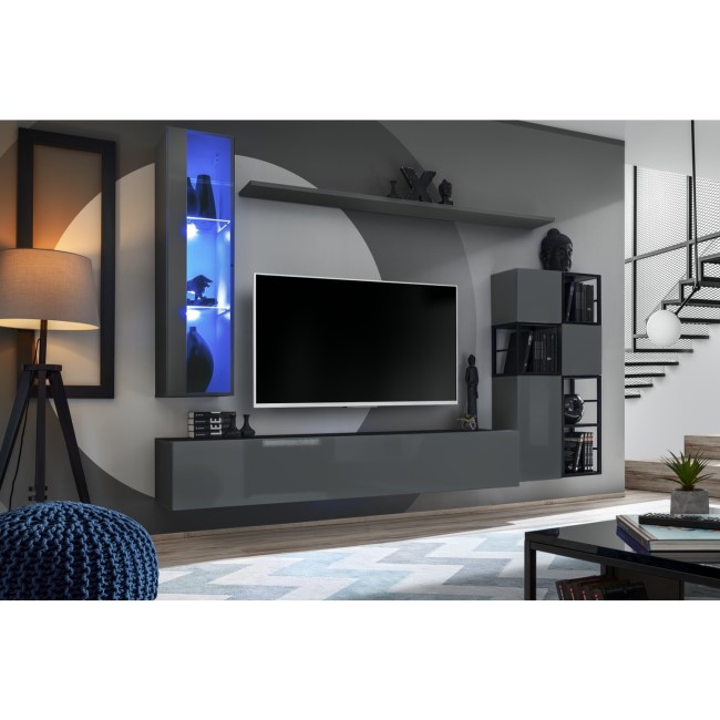 Grey Floating TV Unit with LED Lighting & Wall Shelves - Neo