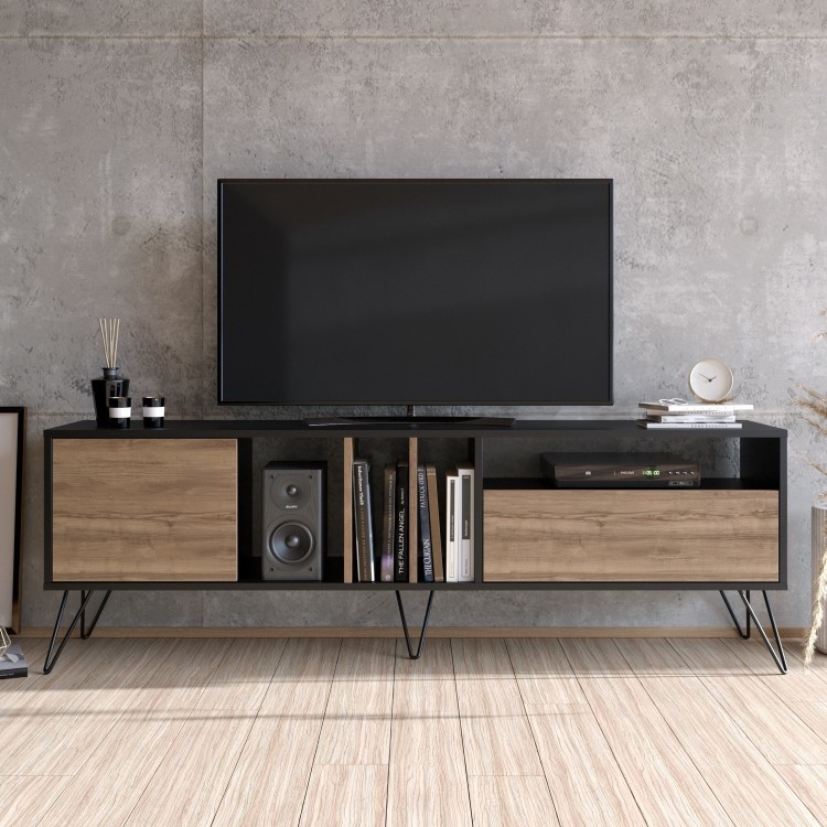 Walnut and Black Large TV Stand 