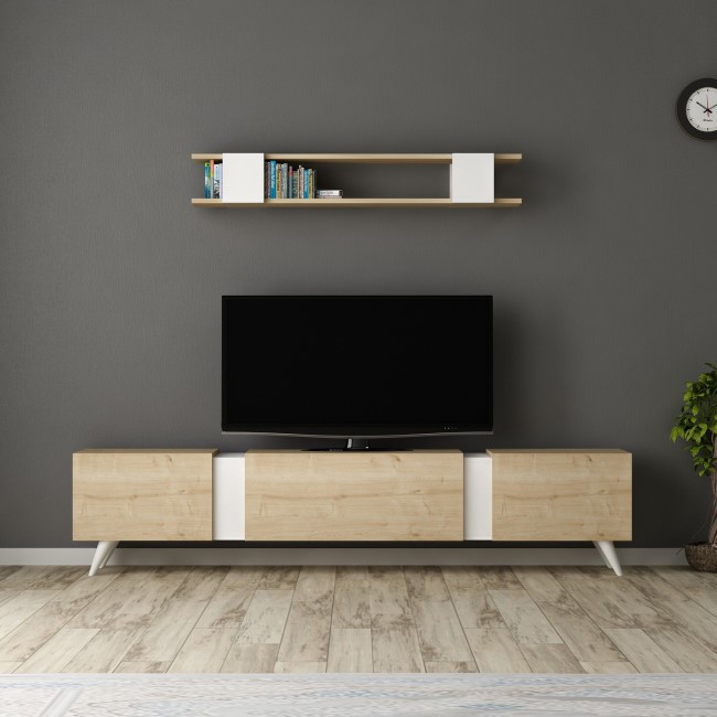 White and Oak TV Stand with Wall Hanging Unit