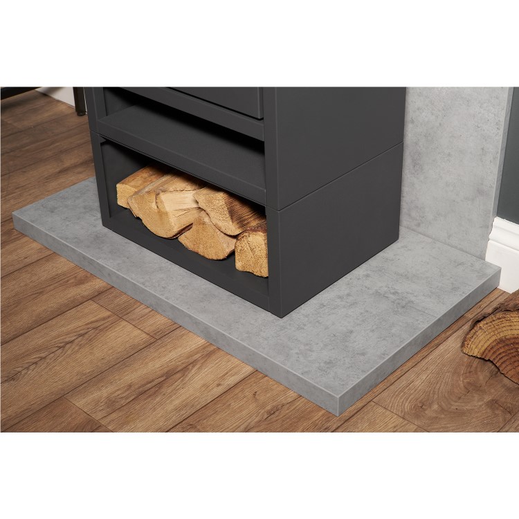 Acantha Tile & Hearth Set in Concrete Effect with OKO S1 Stove Log Store & Angled Pipe
