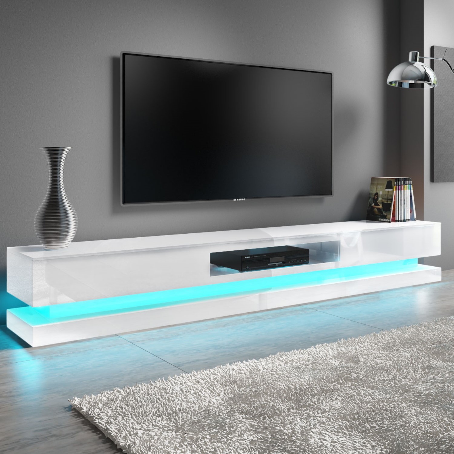 Extra Large White Gloss TV Stand with LEDs- TV's up to 70 - Evoque