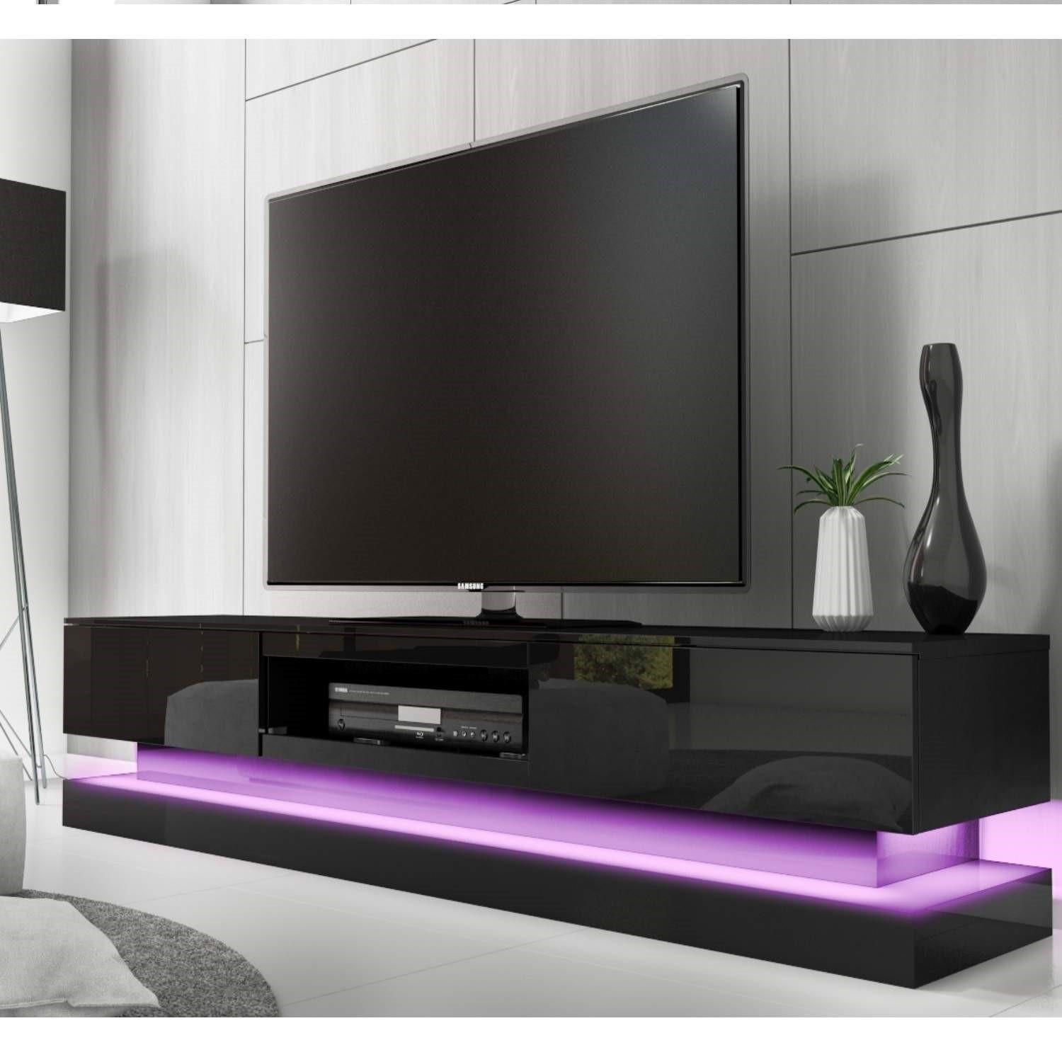 Modern Black High Gloss TV Unit with LED Lights Entertainment