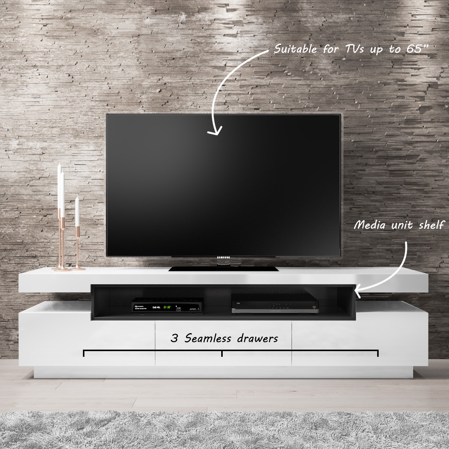 Harlow White High Gloss TV Unit with Soundbar Shelf TV's up to 56