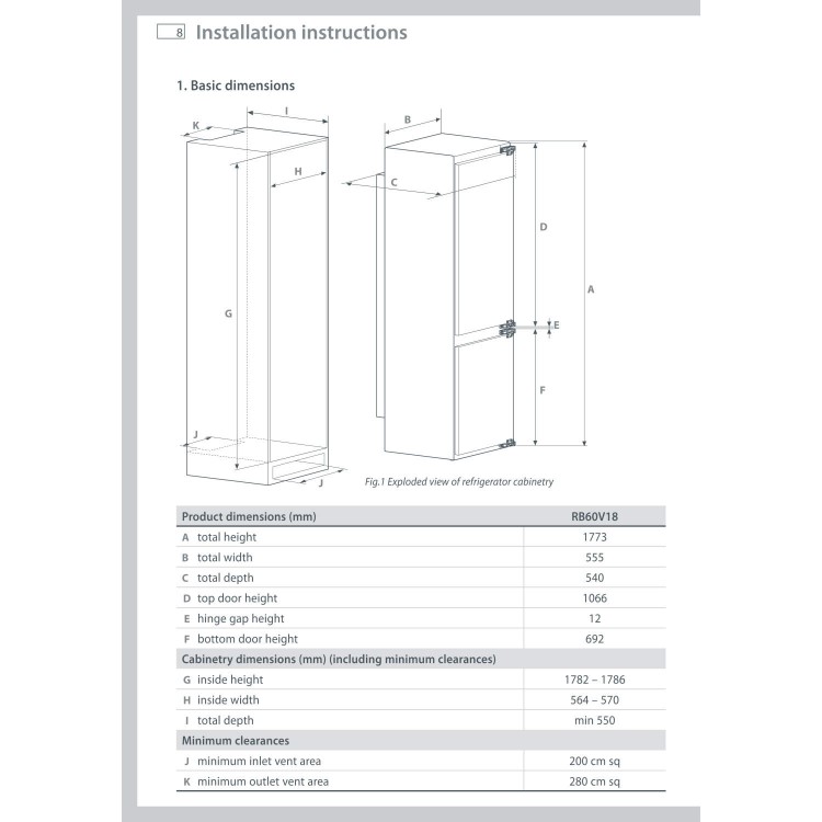 Fisher & Paykel FP23975 RB60V18 54.5cm Wide Frost Free Smart Zone Integrated Fridge Freezer