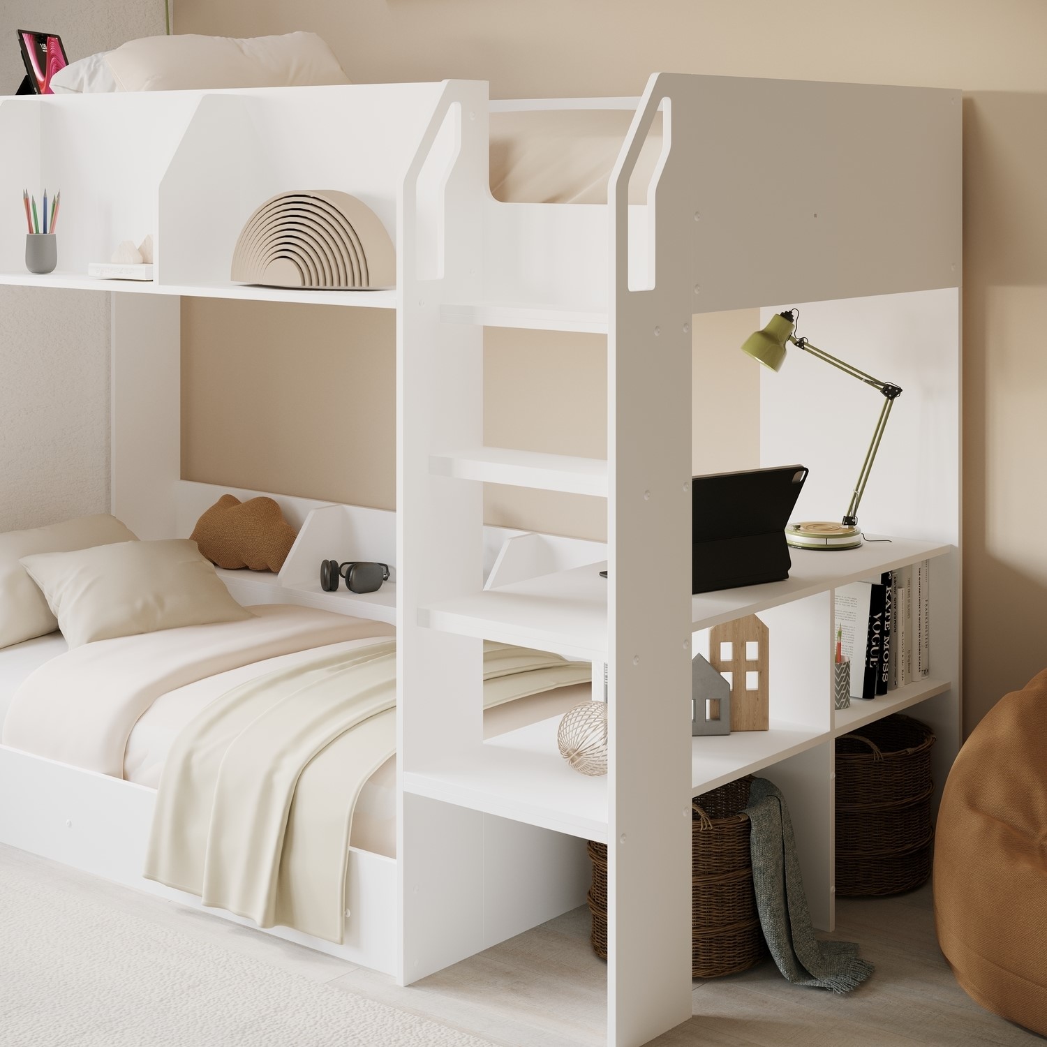 White Bunk Bed with Storage Shelves Freddie FRD001 UK
